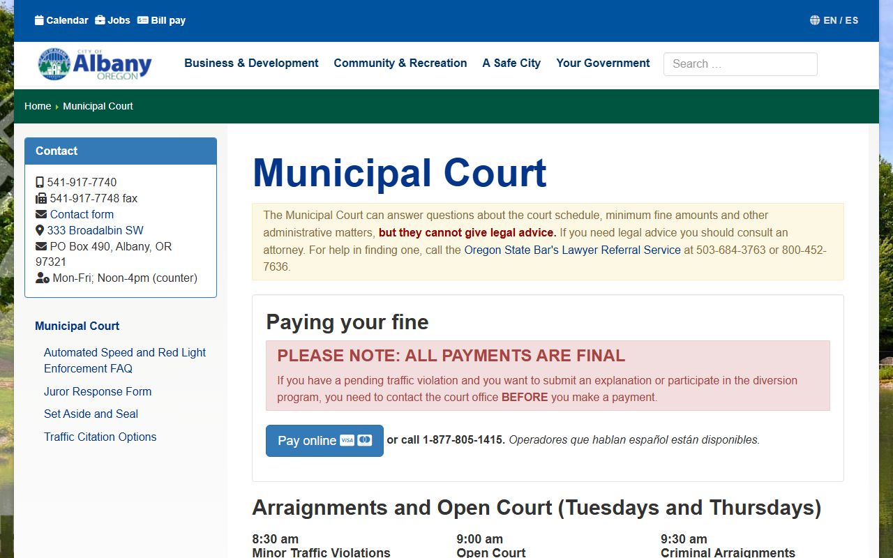 Albany Municipal Court page with hours and contact information