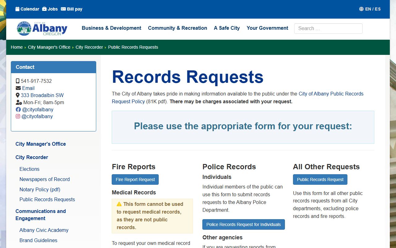 Albany public records request page with process and fee details
