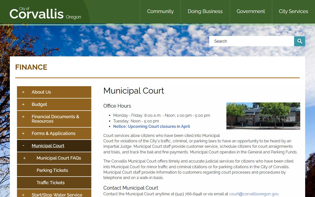 Corvallis Municipal Court page with schedule and contact details