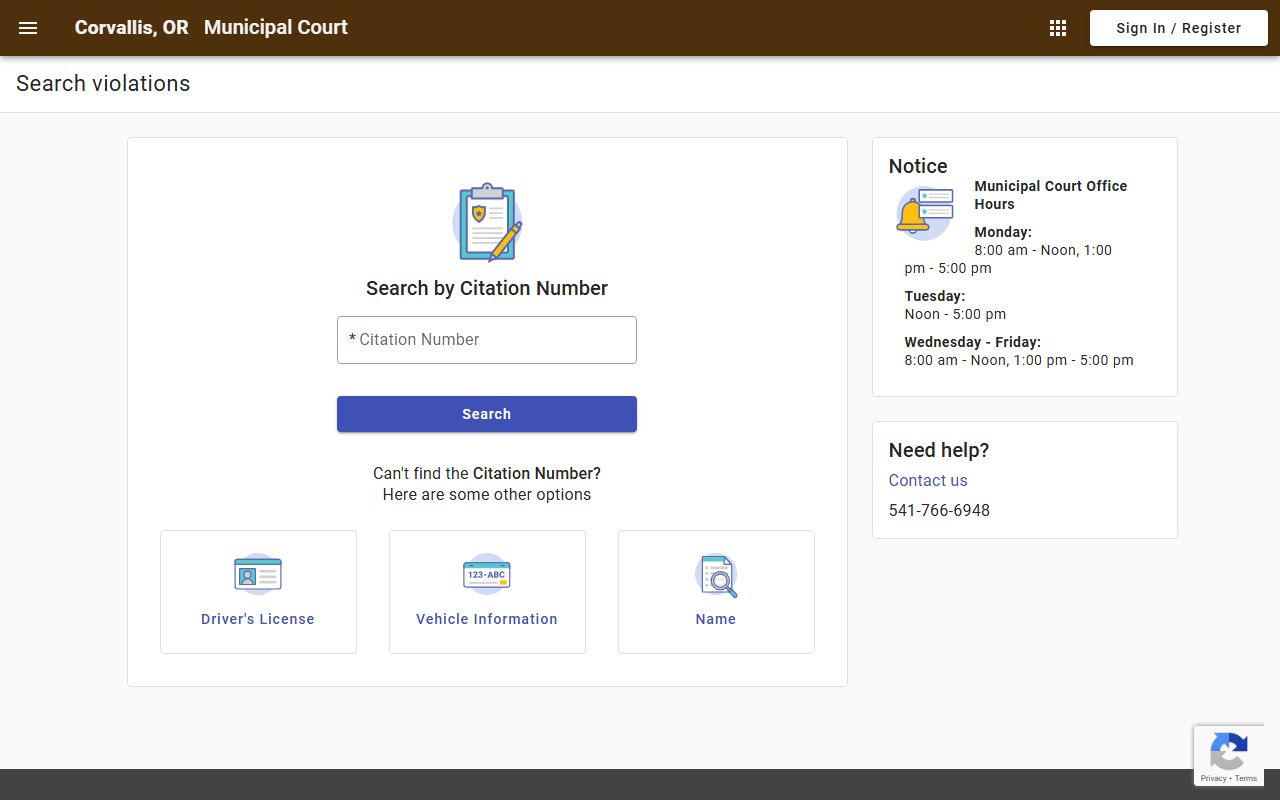 Corvallis Municipal Court online case search tool