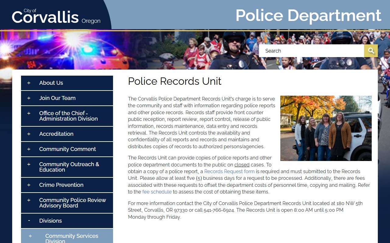 Corvallis Police Records Unit page with request forms and procedures