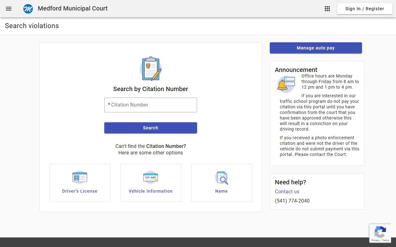 Medford Municipal Court online case search portal