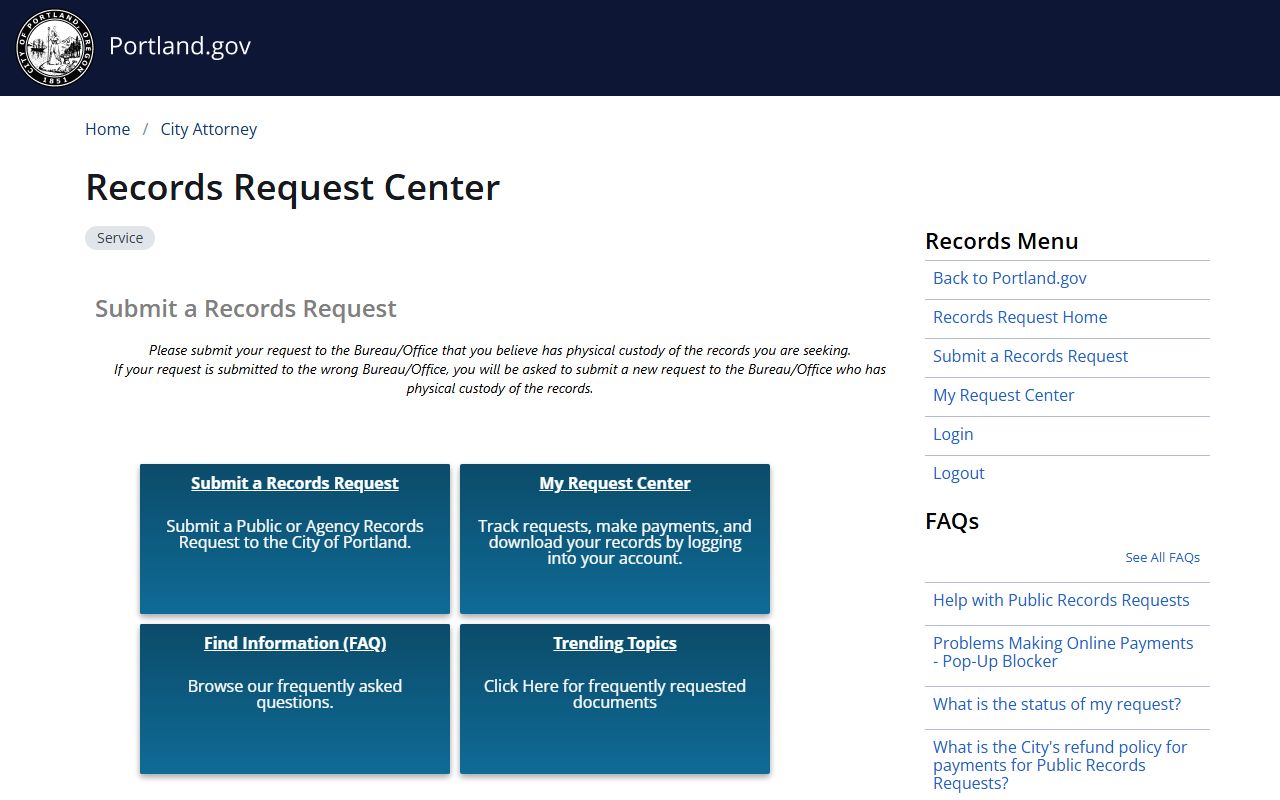 Portland public records request portal for bench warrant and police records