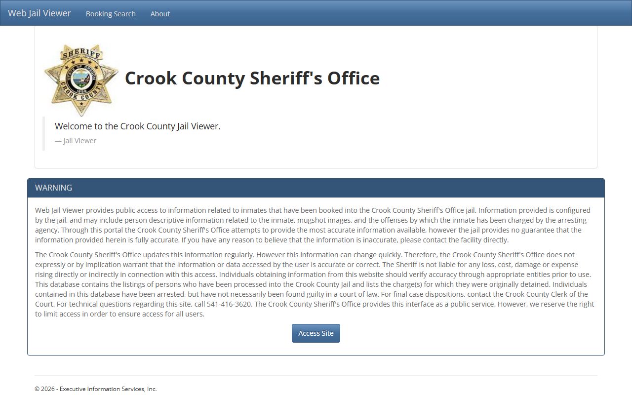 Crook County jail viewer showing inmate booking details