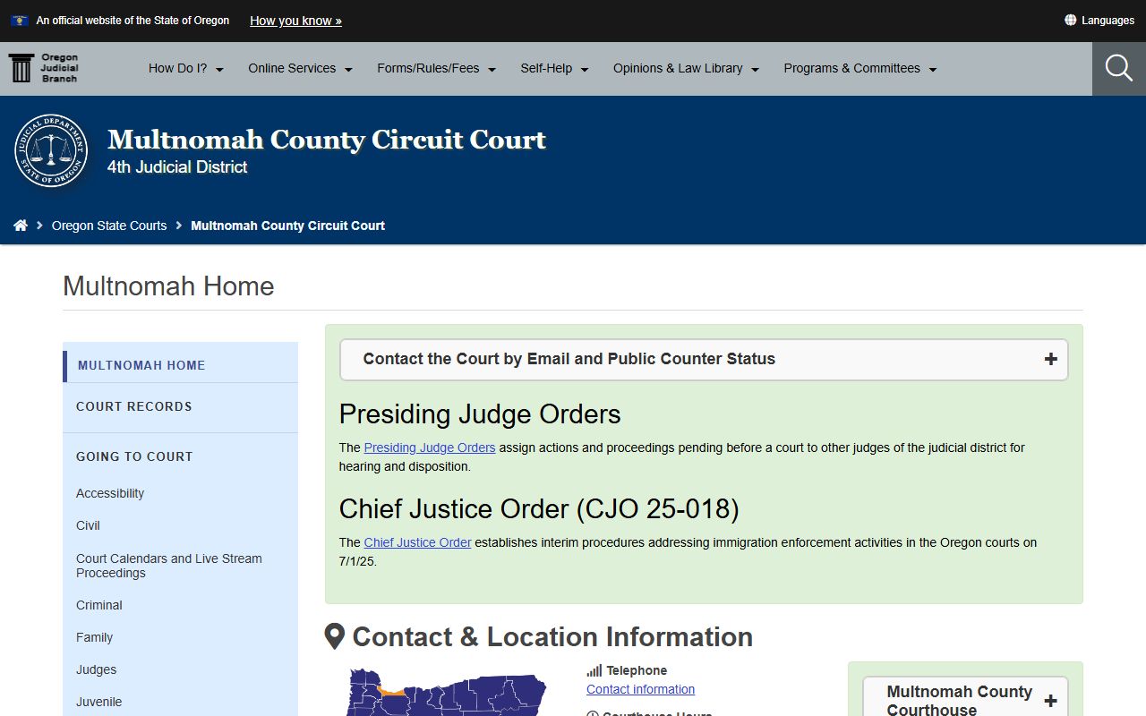 Multnomah County Circuit Court page for Oregon bench warrant records