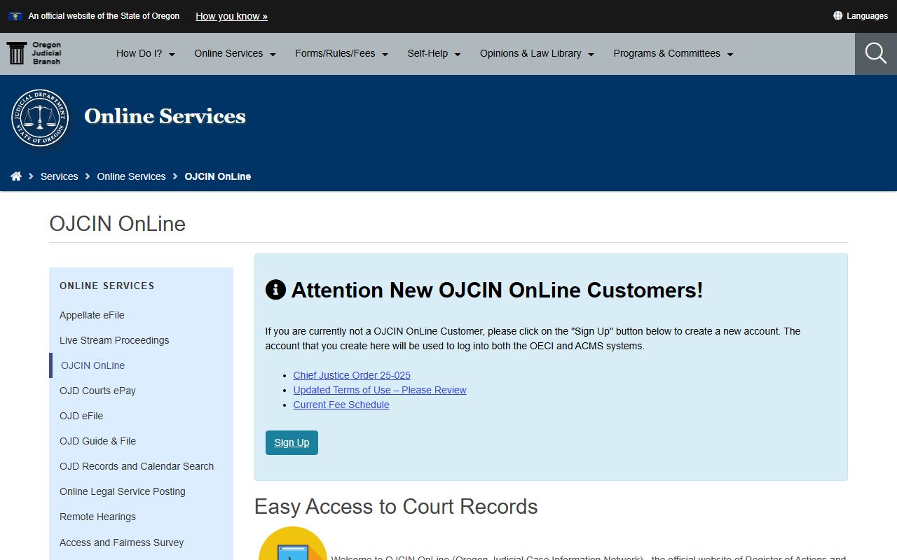 OJCIN OnLine subscription page for Oregon bench warrant records access