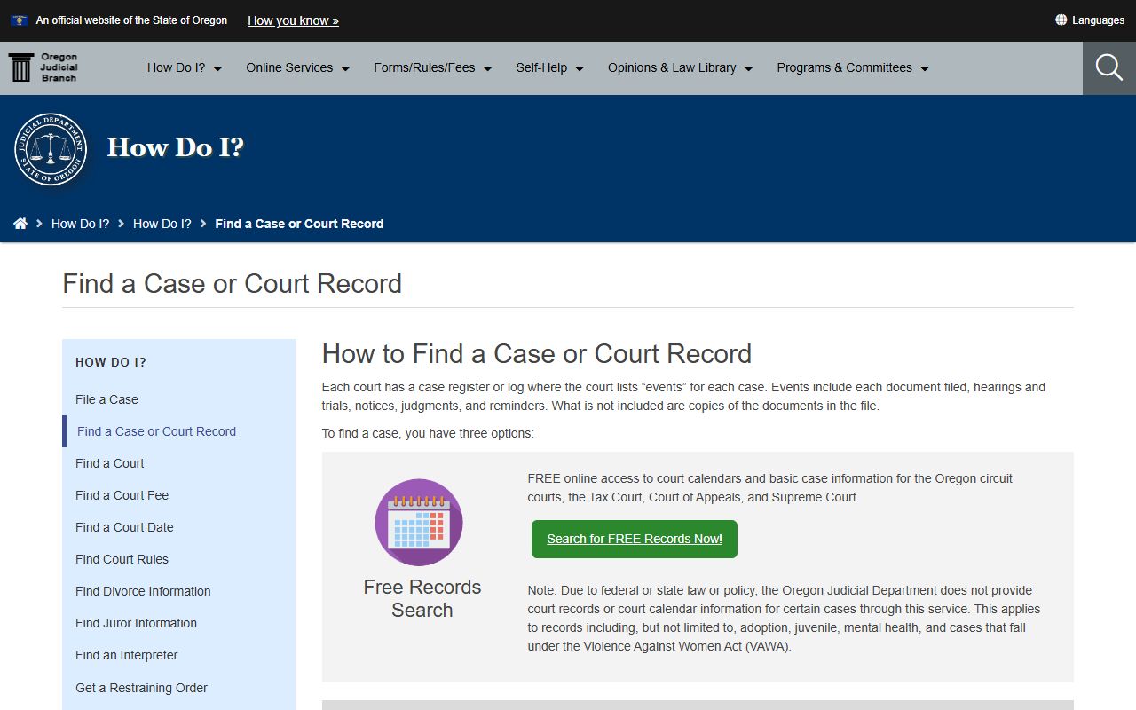 Oregon Judicial Department Find a Case portal for bench warrant searches