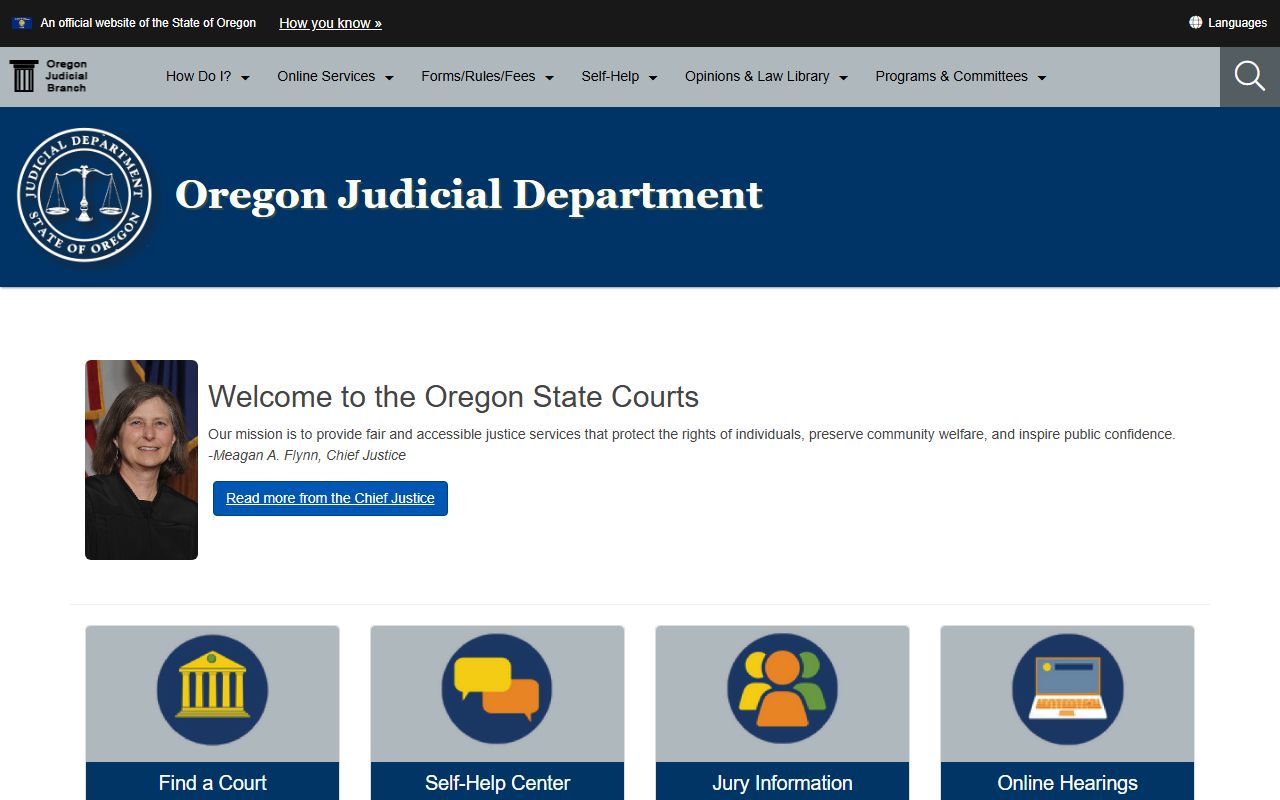 Oregon Judicial Department main page for bench warrant court information