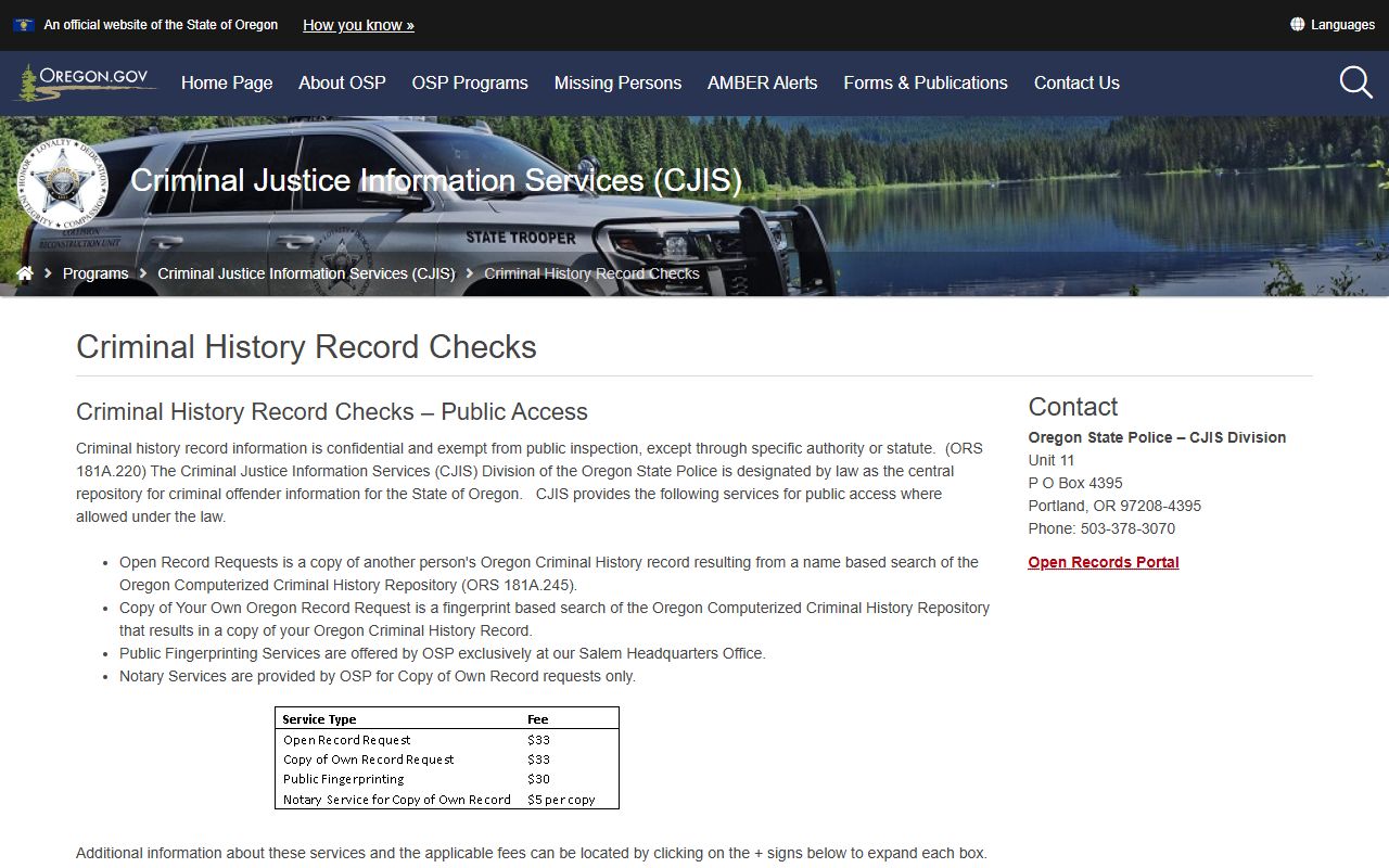 Oregon State Police CJIS criminal history check page for bench warrant records